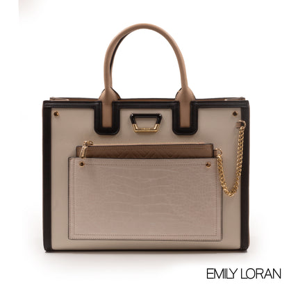 BEIGE LEATHER EMILY LORAN HANDBAG WITH METAL CHAIN-LARGE