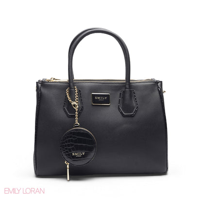 BLACK SOLID TOTE BAG WITH POUCH - LARGE