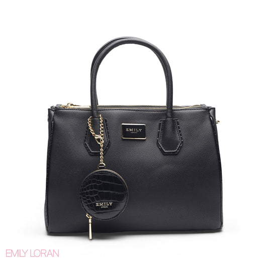 BLACK SOLID TOTE BAG WITH POUCH - LARGE