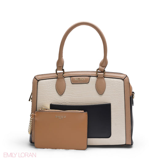 EMILY BEIGE & BLACK BAG WITH MINI POUCH - MED