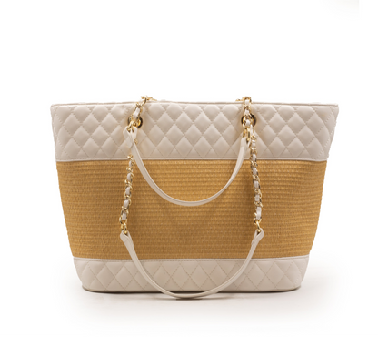 FOX LEATHER,STROW,CHAIN METALIC DETAILS TOTE-LARGE