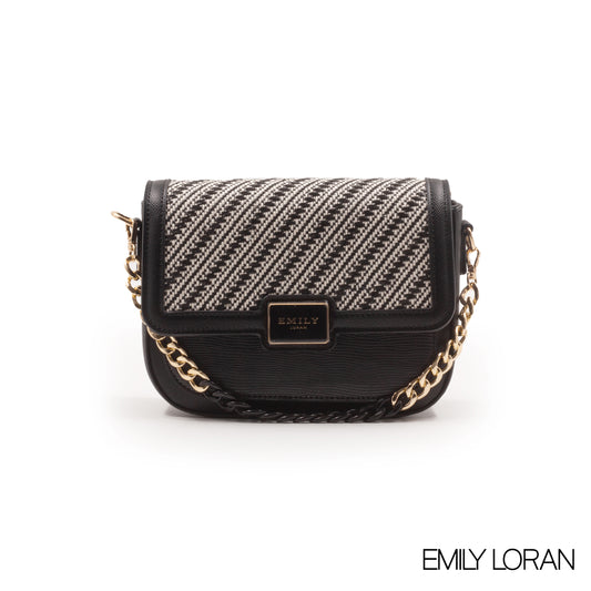 BLACK WOVEN FABRIC CROSSBODY BAG WITH METAL CHAIN-SMALL