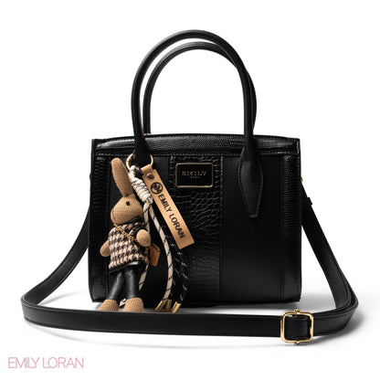 BLACK SMOOTH LEATHER HANDBAG WITH ACCESSORIES -MED