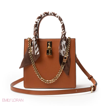 CAMEL LEATHER HANDBAG WITH SILKY SCARF, METAL CHAIN - MED