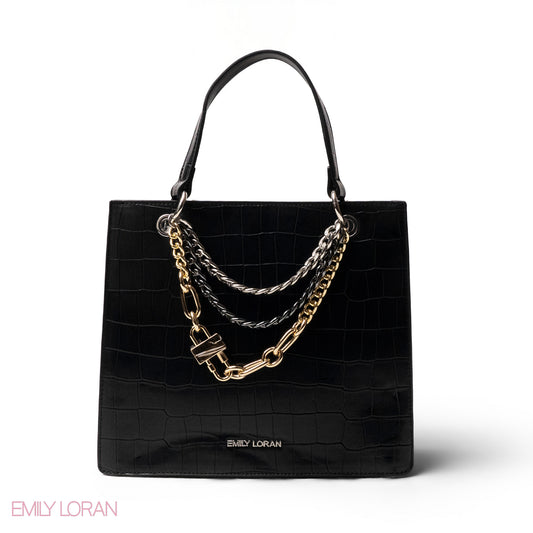 BLACK LEATHER HANDBAG WITH METAL CHAIN ACCENTS - MED