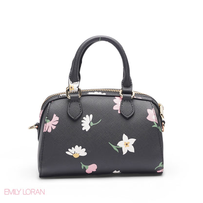 BLACK FLORAL BAG WITH FRONT POUCH & GOLD CHAIN
