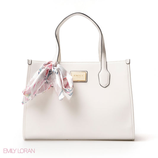 WHITE SMOOTH LEATHER HANDBAG WITH FLORAL PRINT SCARF - LARGE