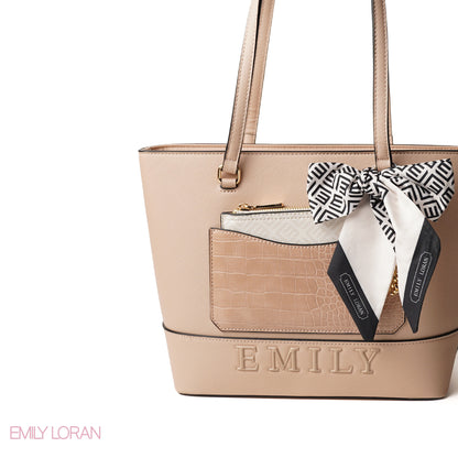 BEIGE LEATHER SHOULDERS BAG WITH LOGO EMILY ACCENT, SCARF - LARGE