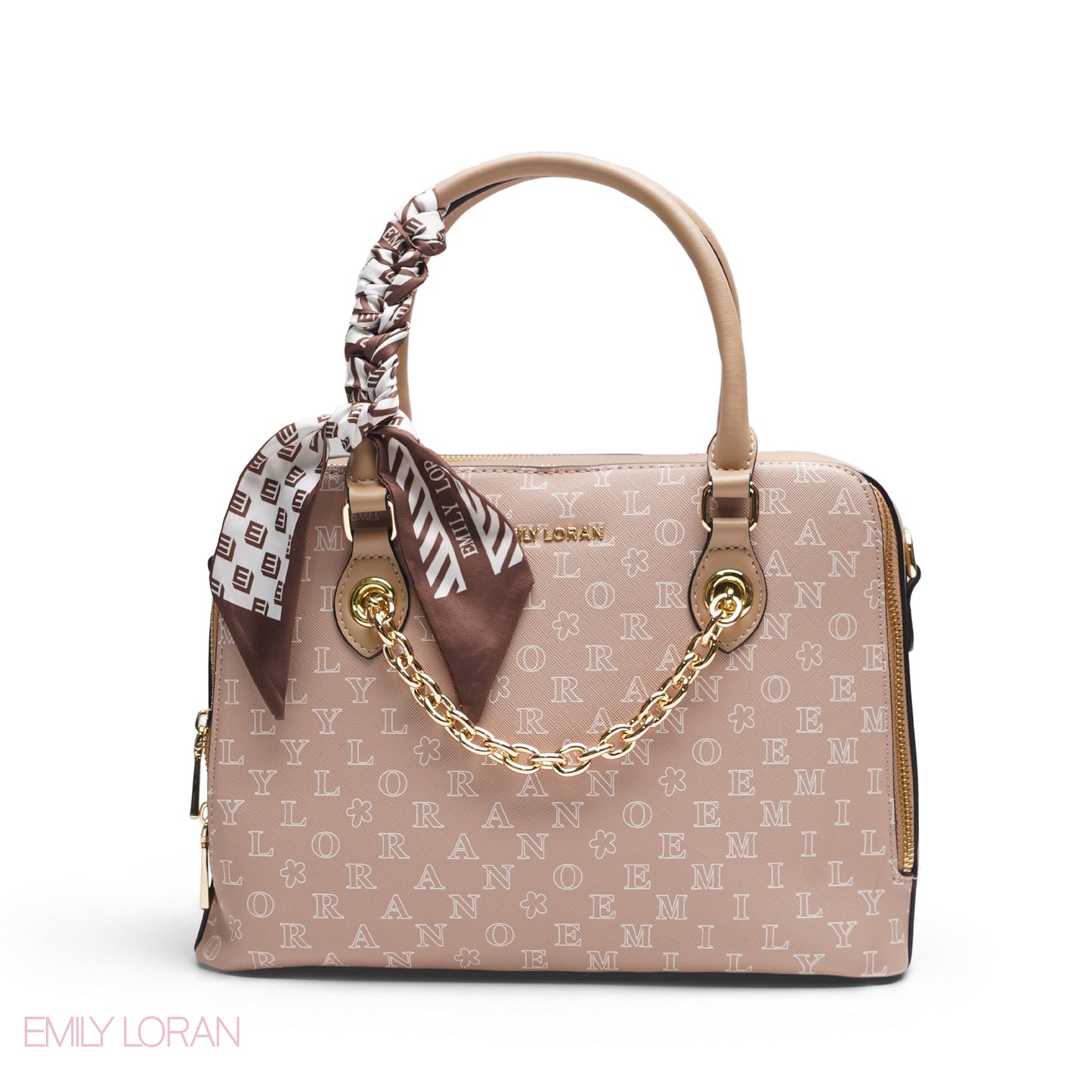 BEIGE EMILY LETTER PRINT SATCHEL BAG WITH SCARF ACCENT - MED