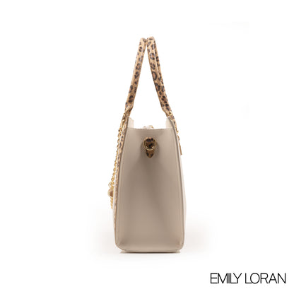 FOX SMOOTH LEATHER HANDBAG WITH LEOPARD PRINT TRIM-LARGE