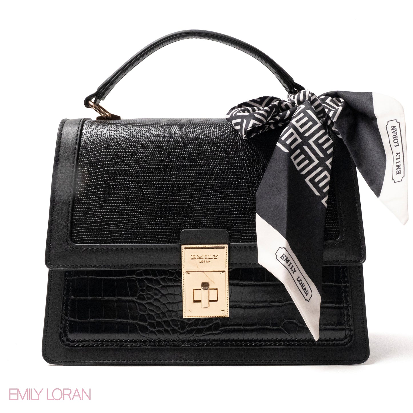 BLACK LEATHER HANDBAG WITH EMILY LORAN SCARF - MED