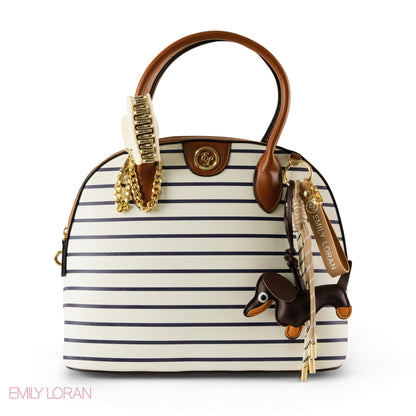 STRIPPED NAVY LEATHER HANDBAG WITH ACCESSORIES-LARGE