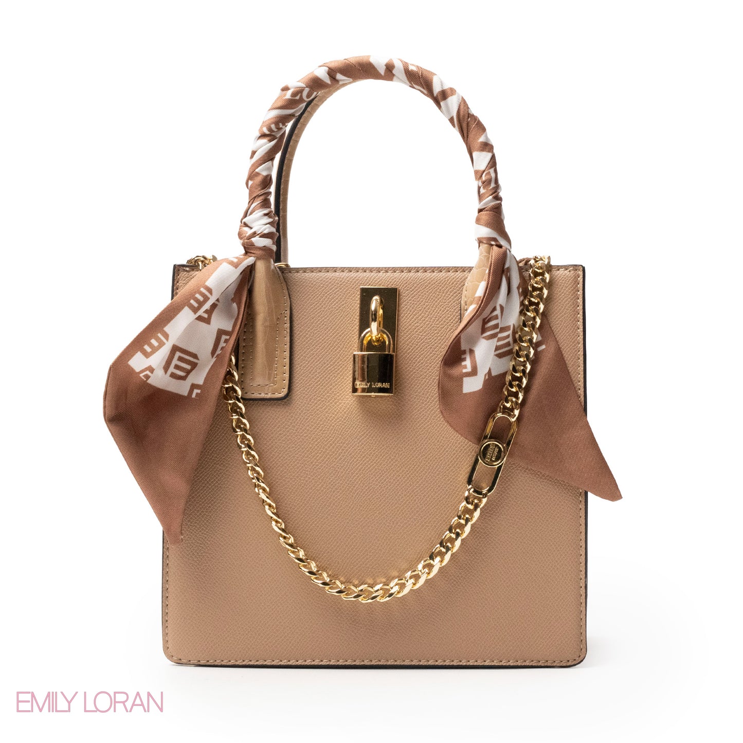 BEIGE LEATHER HANDBAG WITH SILKY SCARF, METAL CHAIN - MED