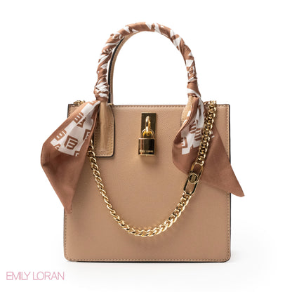 BEIGE LEATHER HANDBAG WITH SILKY SCARF, METAL CHAIN - MED