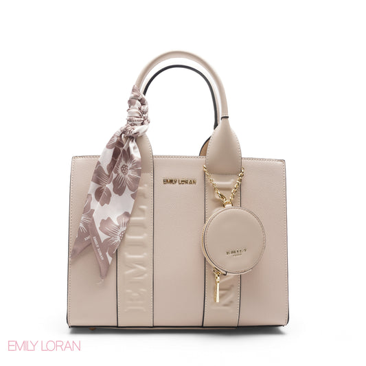 FLORAL SIDE SCARF BEIGE TOTE BAG - LARGE