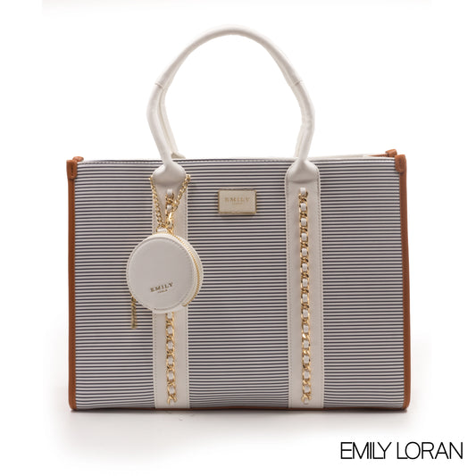 STRIPED NAVY LEATHER EMILY LORAN HANDBAG WITH CHAIN DETAIL -LARGE