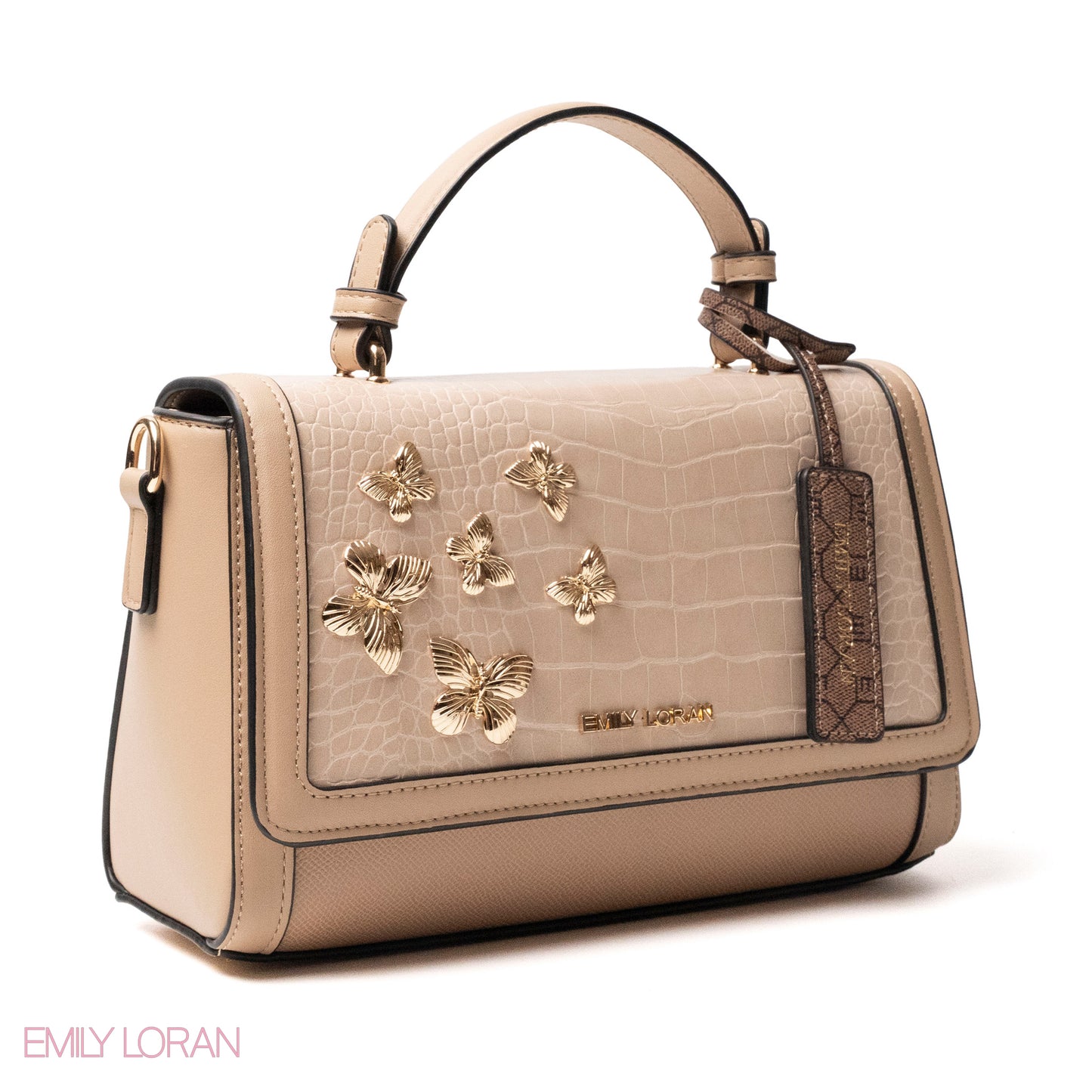 BEIGE LEATHER HANDBAG WITH CROC,BUTTERFLIES DETAILS-MED
