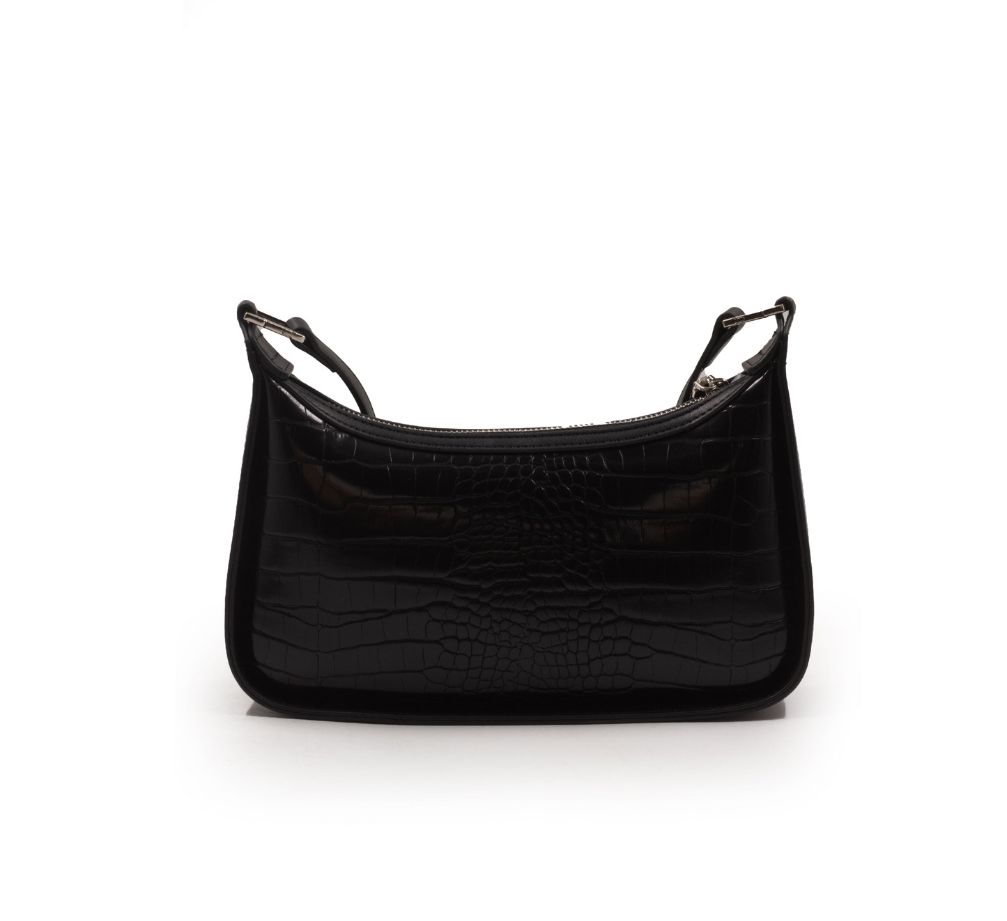 BLACK LEATHER HANDBAG WITH SMOOTH CROC DETAILS-SMALL