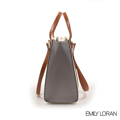 WHITE EMILY LORAN HANDBAG WITH BROWN LEATHER TRIM -LARGE