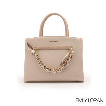 CREAMY LEATHER HANDBAG WITH CHAIN DETAIL-MED