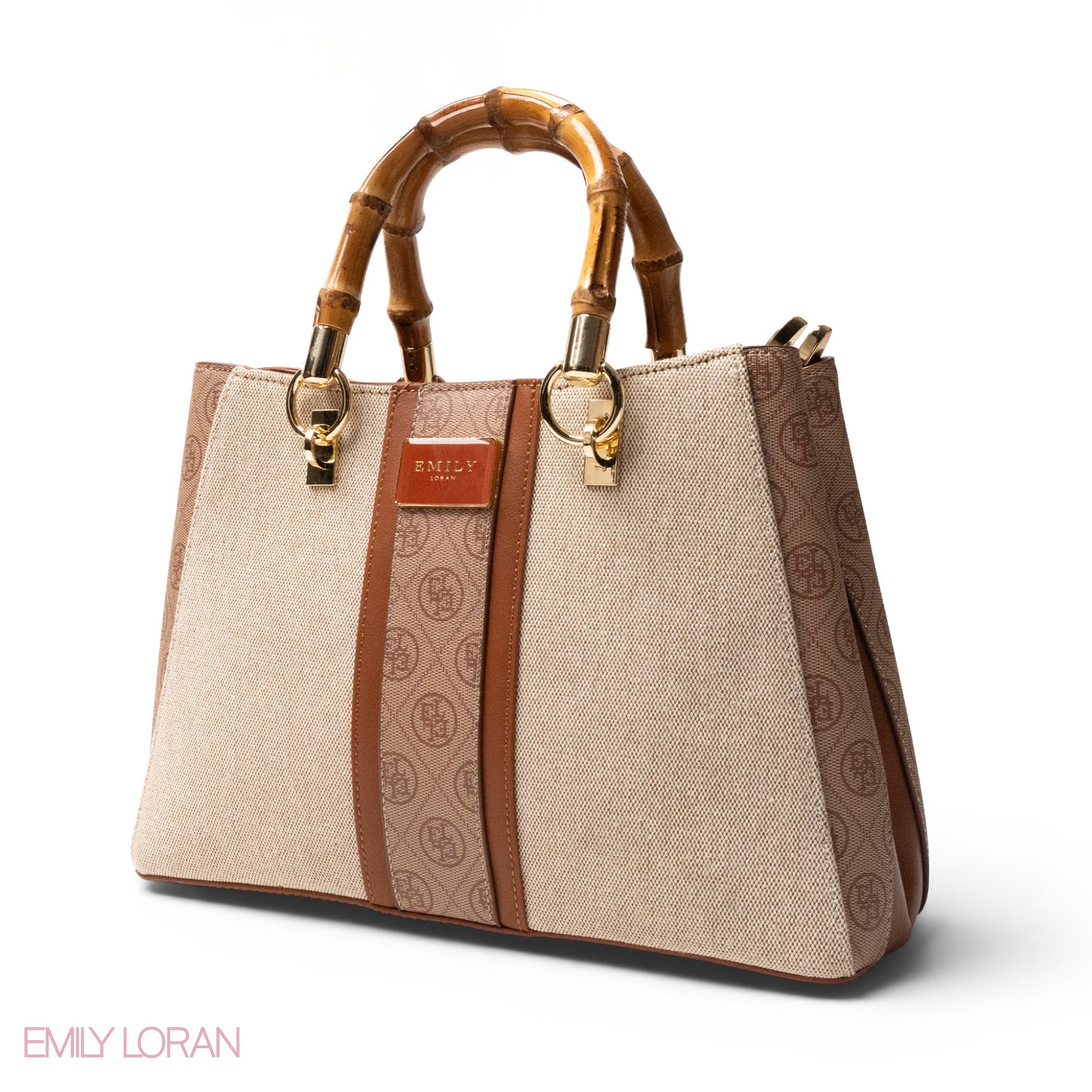 EMILY LORAN LEATHER,CANVAS HANDBAG WITH BAMBOO-HANDLED -MED