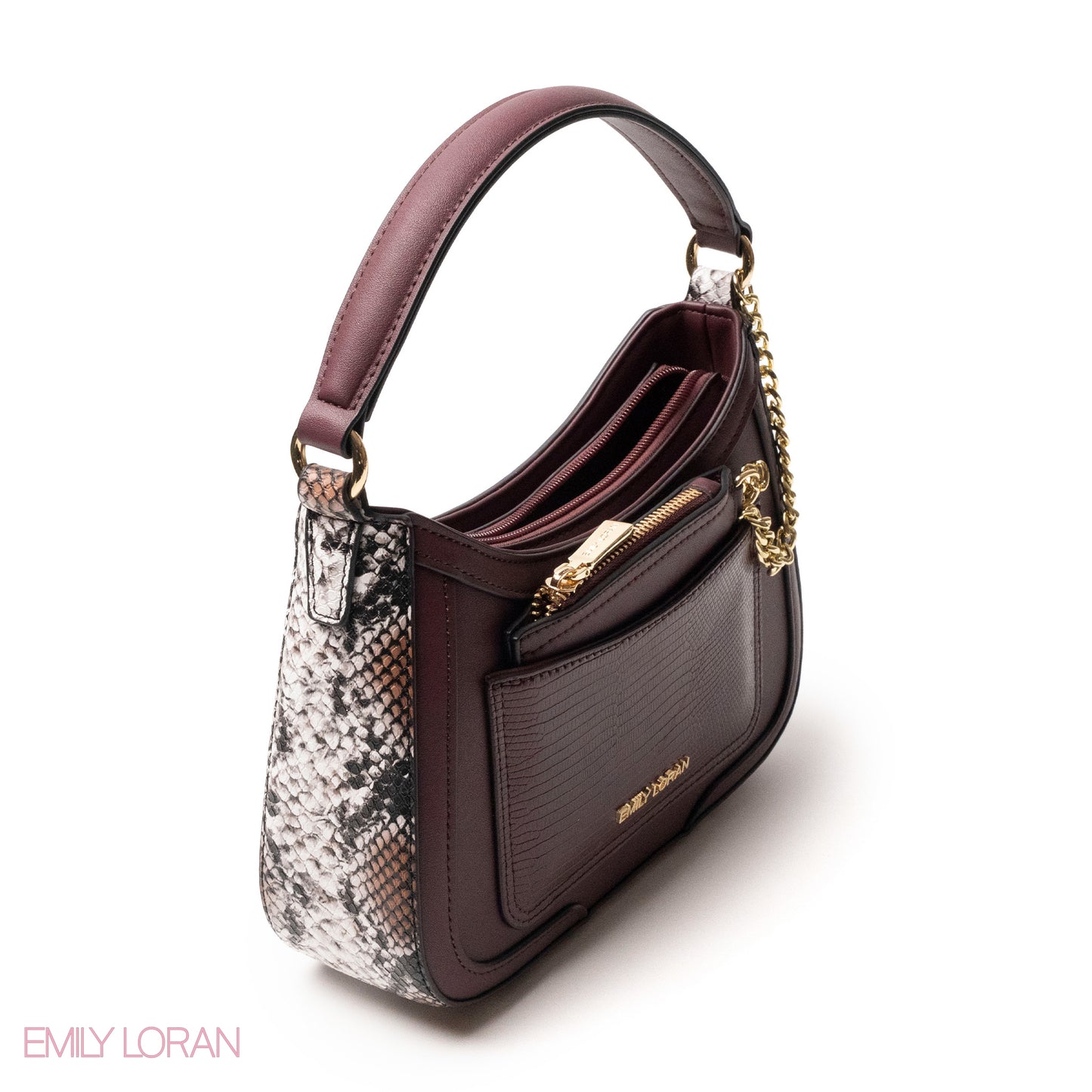 MAROON LEATHER HANDBAG WITH METAL CHAIN -SMALL