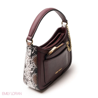 MAROON LEATHER HANDBAG WITH METAL CHAIN -SMALL