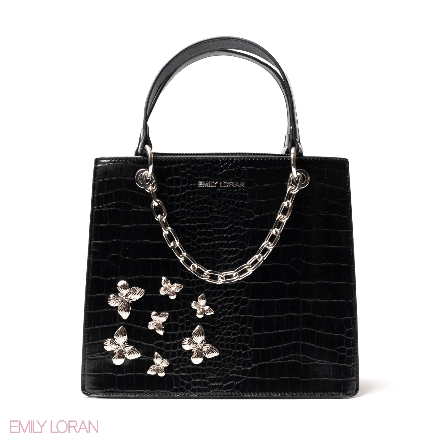 BLACK LEATHER HANDBAG WITH METAL CHAIN,BUTTERFLIES - MED