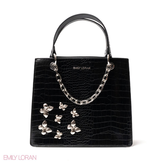 BLACK LEATHER HANDBAG WITH METAL CHAIN,BUTTERFLIES - MED