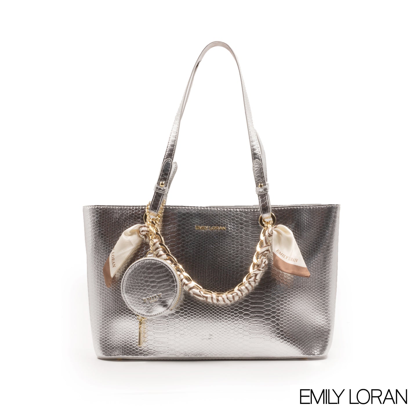 SMOOTH METALLIC SILVER HANDBAG WITH SATIN SCARF-LARGE