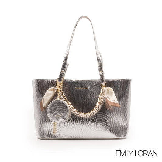 SMOOTH METALLIC SILVER HANDBAG WITH SATIN SCARF-LARGE