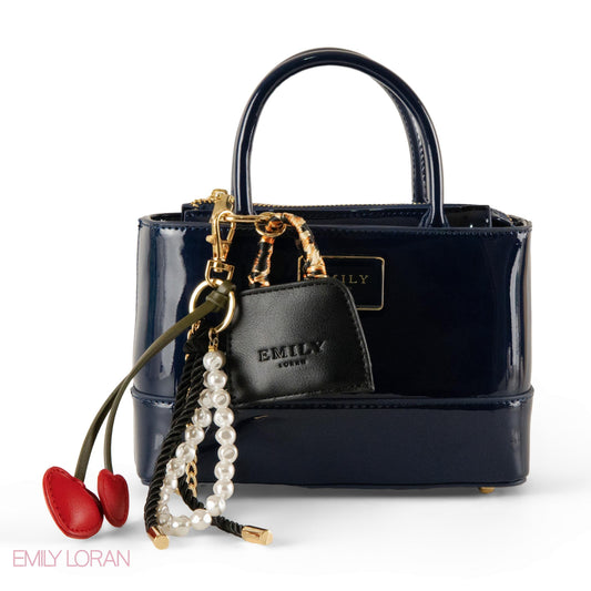 DARK BLUE GLOSSY LEATHER HANDBAG WITH ACCESSORIES- SMALL