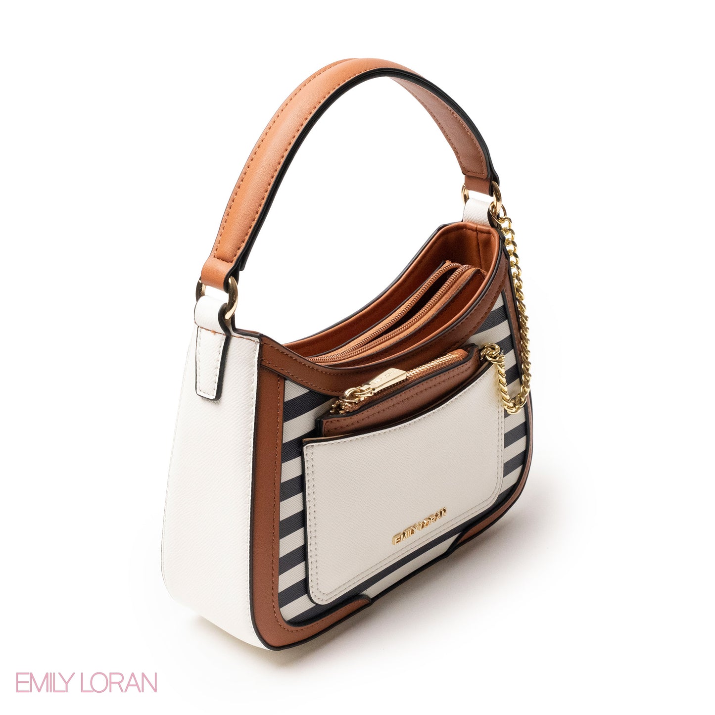 STRIPED NAVY LEATHER HANDBAG WITH METAL CHAIN -SMALL