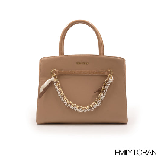 BEIGE LEATHER HANDBAG WITH CHAIN DETAIL-MED