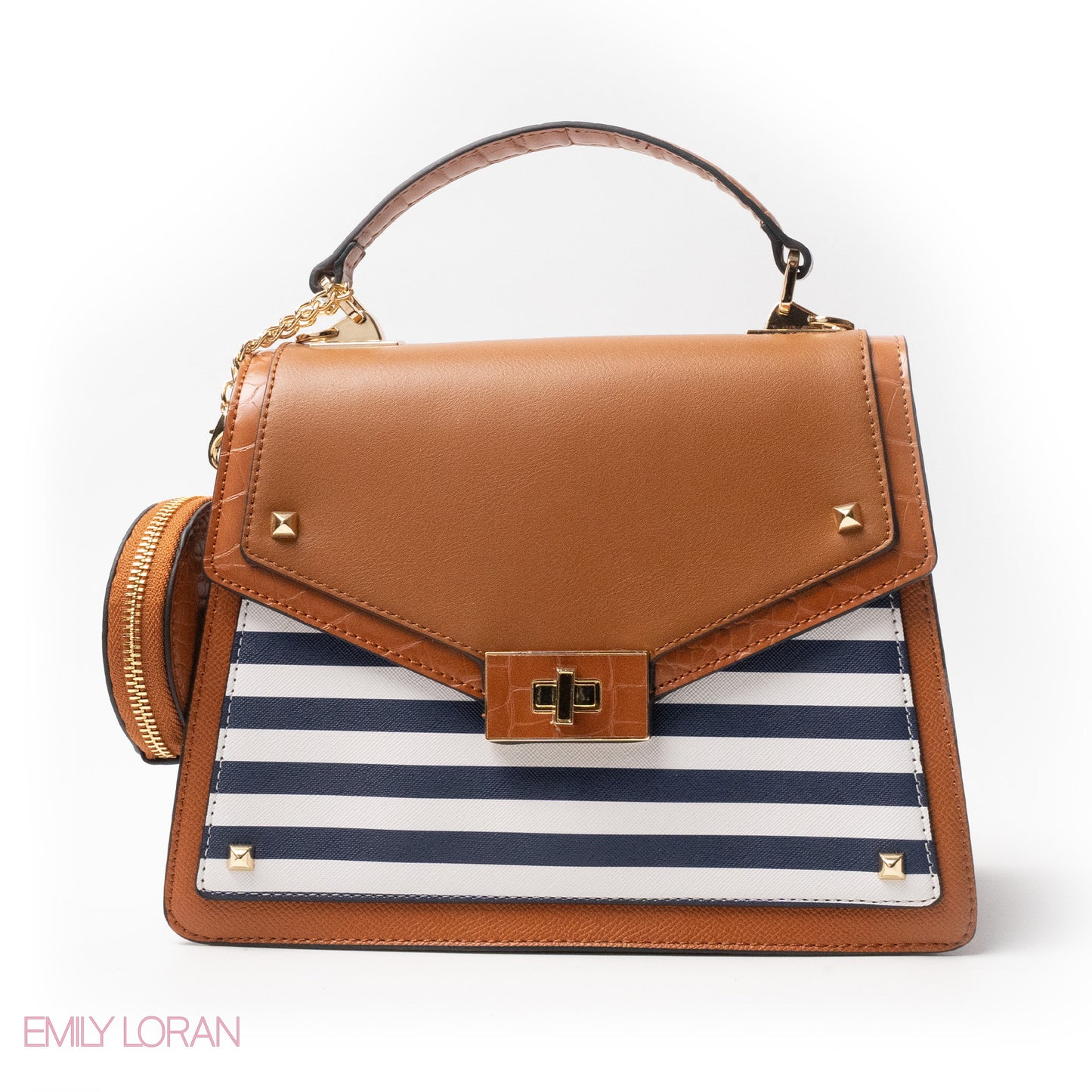 STRIPED NAVY LEATHER HANDBAG WITH FLAP - MED