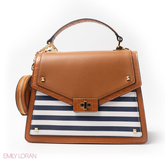 STRIPED NAVY LEATHER HANDBAG WITH FLAP - MED