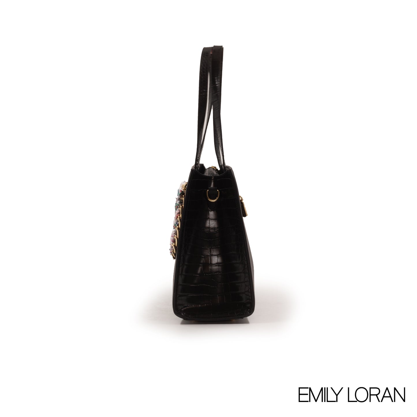 BLACK LEATHER HANDBAG WITH GOLD CHAIN AND SCARF -LARGE