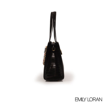 BLACK LEATHER HANDBAG WITH GOLD CHAIN AND SCARF -LARGE