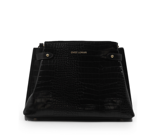 BLACK LEATHER HANDBAG WITH CROC DETAILS TOUCH -MED