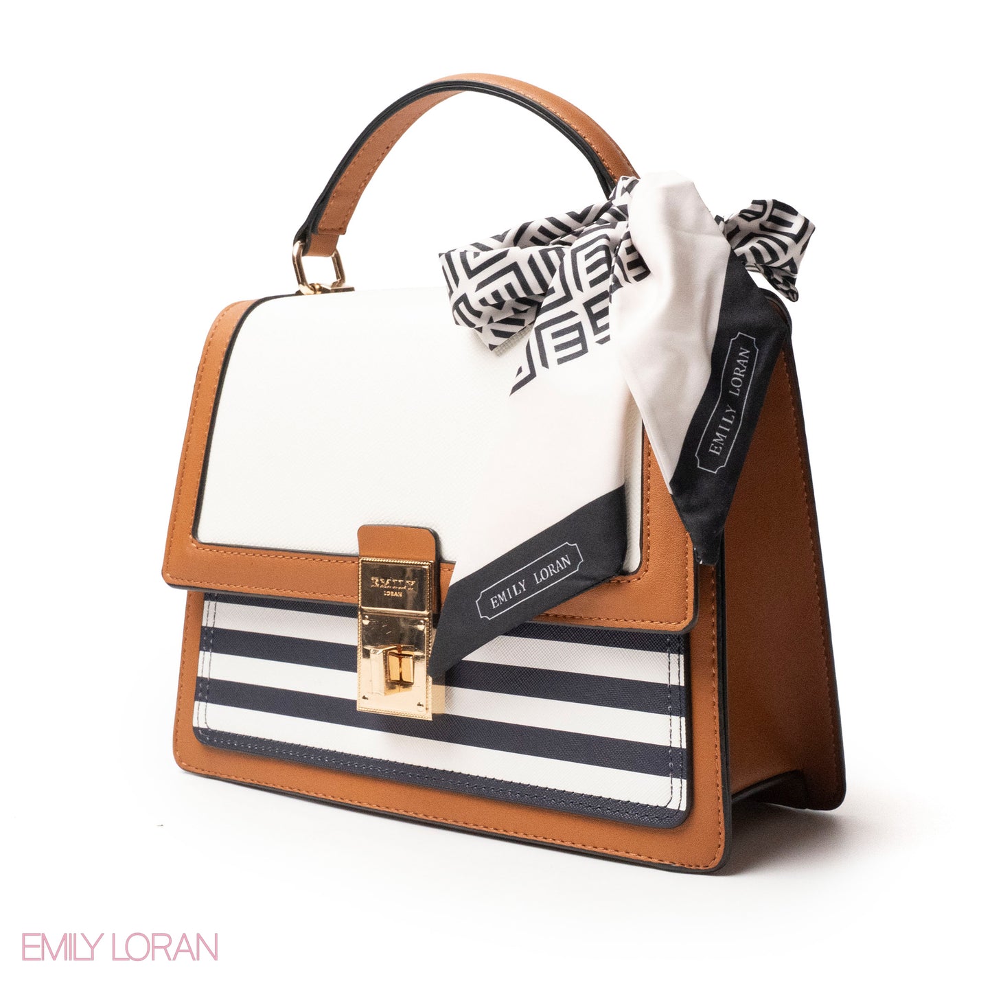 SREIPED NAVY LEATHER HANDBAG WITH EMILY LORAN SCARF - MED