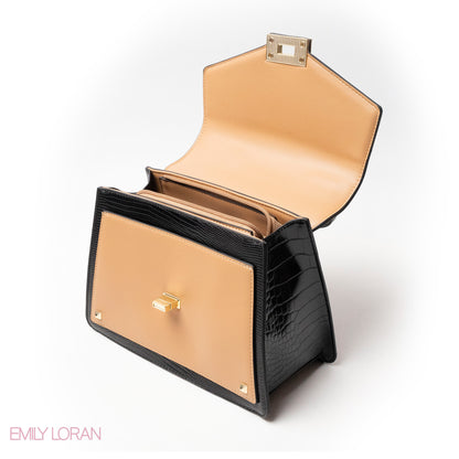 MIXED-COLOR LEATHER HANDBAG WITH FLAP - MED