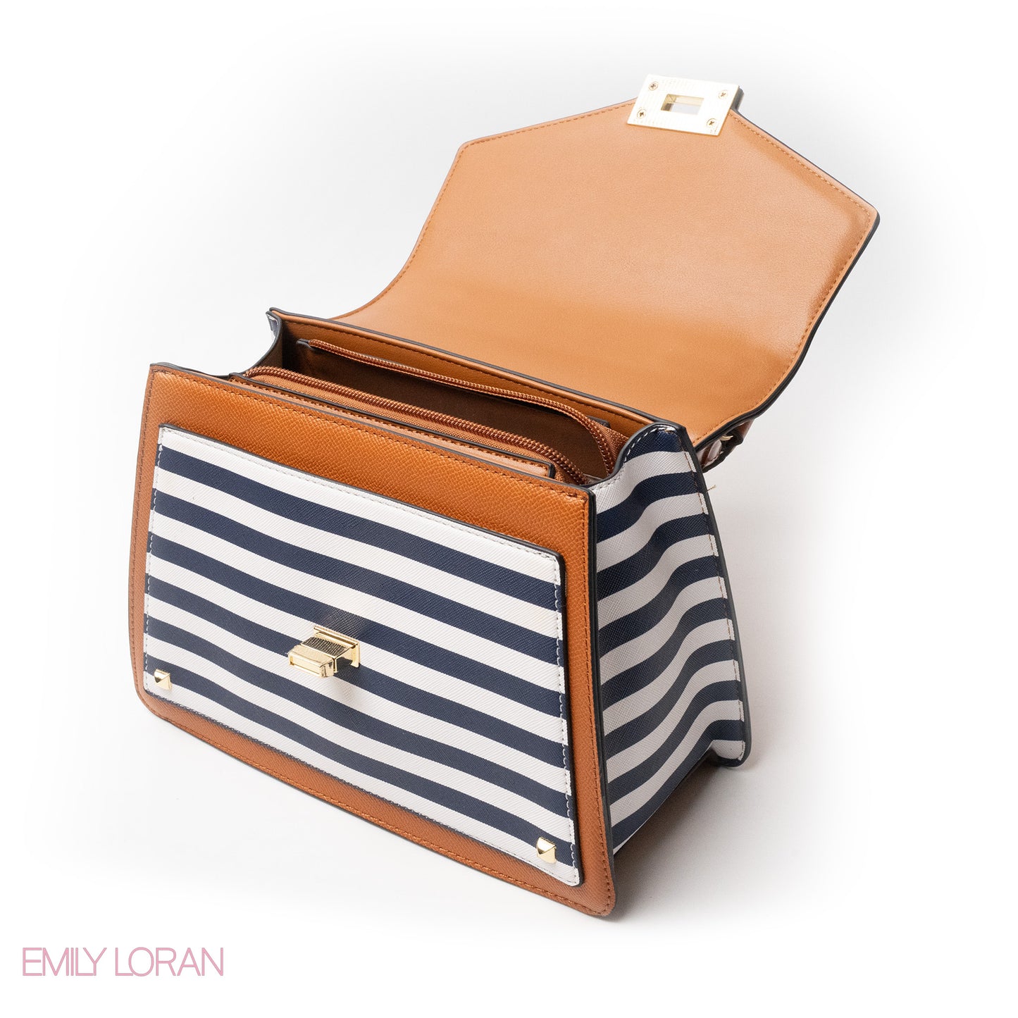 STRIPED NAVY LEATHER HANDBAG WITH FLAP - MED