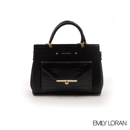 BLACK LEATHER HANDBAG WITH CROC ACCENT -LARGE