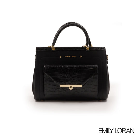 BLACK LEATHER HANDBAG WITH CROC ACCENT -LARGE
