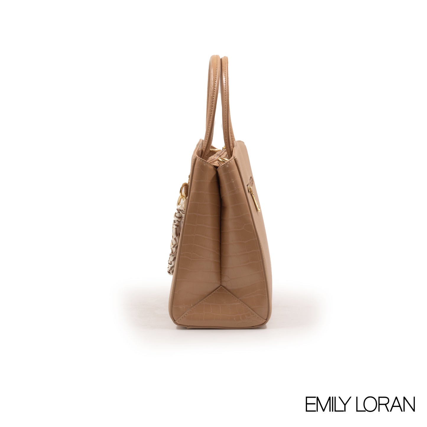 BEIGE LEATHER HANDBAG WITH CHAIN DETAIL-MED
