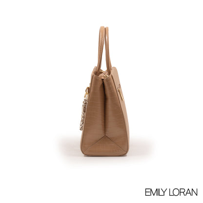 BEIGE LEATHER HANDBAG WITH CHAIN DETAIL-MED