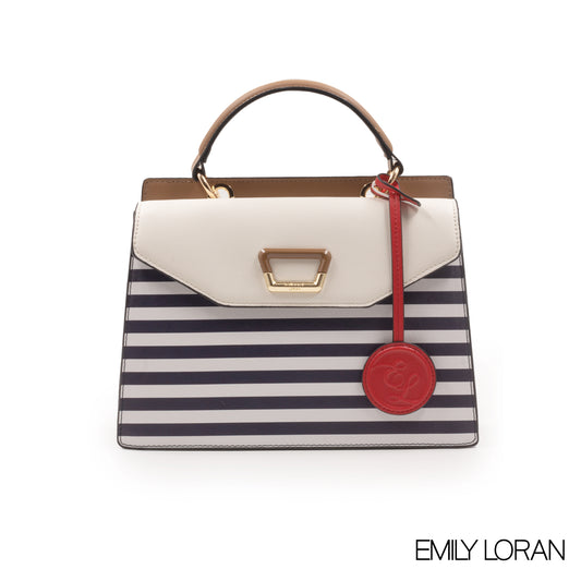 STRIPED NAVY LEATHER HANDBAG WITH FLAP -MED