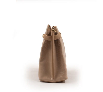 BEIGE LEATHER HANDBAG WITH CROC DETAILS TOUCH -MED