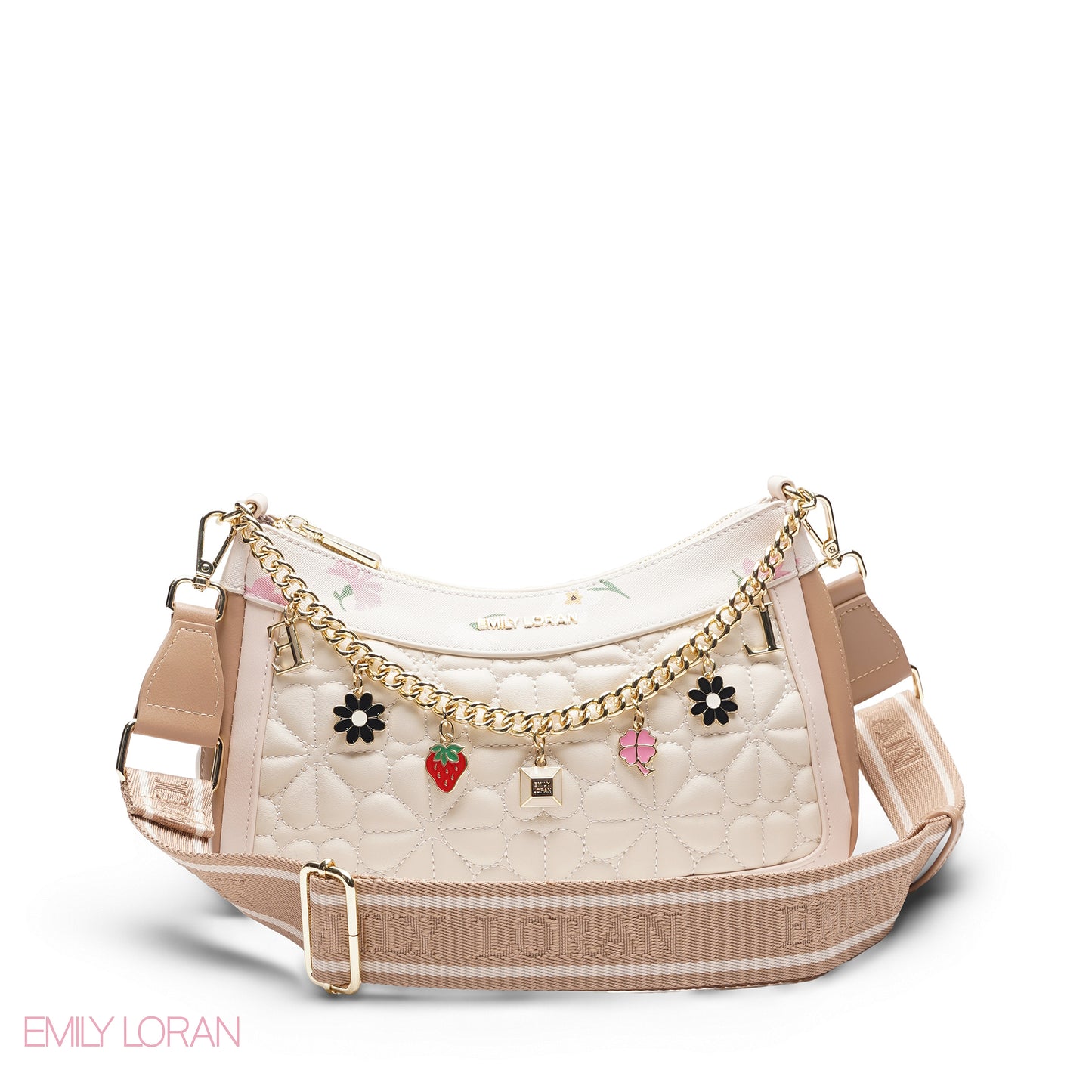 WHITE FLORAL SHOULDER BAG WITH CHAIN STRAP