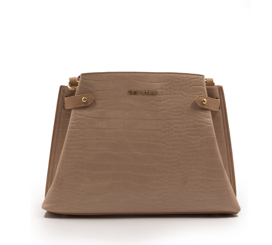 BEIGE LEATHER HANDBAG WITH CROC DETAILS TOUCH -MED